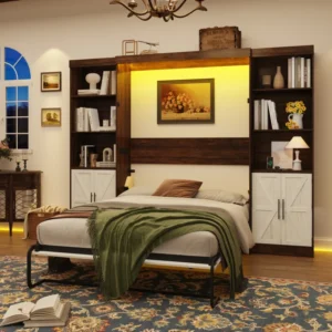 murphy+bed+with+2+side+storage+cabinets,+led+lights,+and+charging+station,++no+box+spring+needed,+for+home+office 1691712030 1691712029