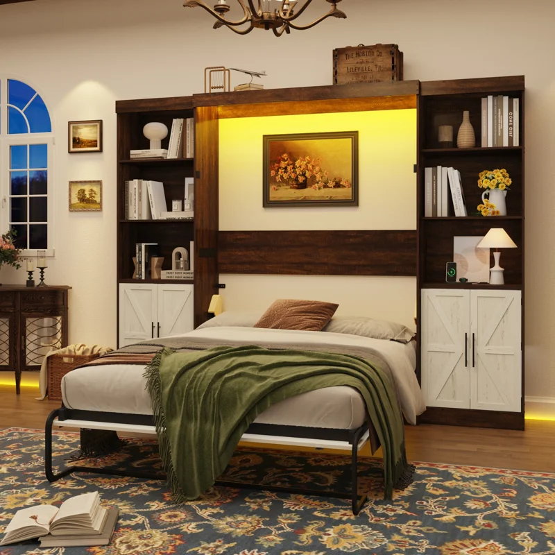 murphy+bed+with+2+side+storage+cabinets,+led+lights,+and+charging+station,++no+box+spring+needed,+for+home+office 1691712030 1691712029