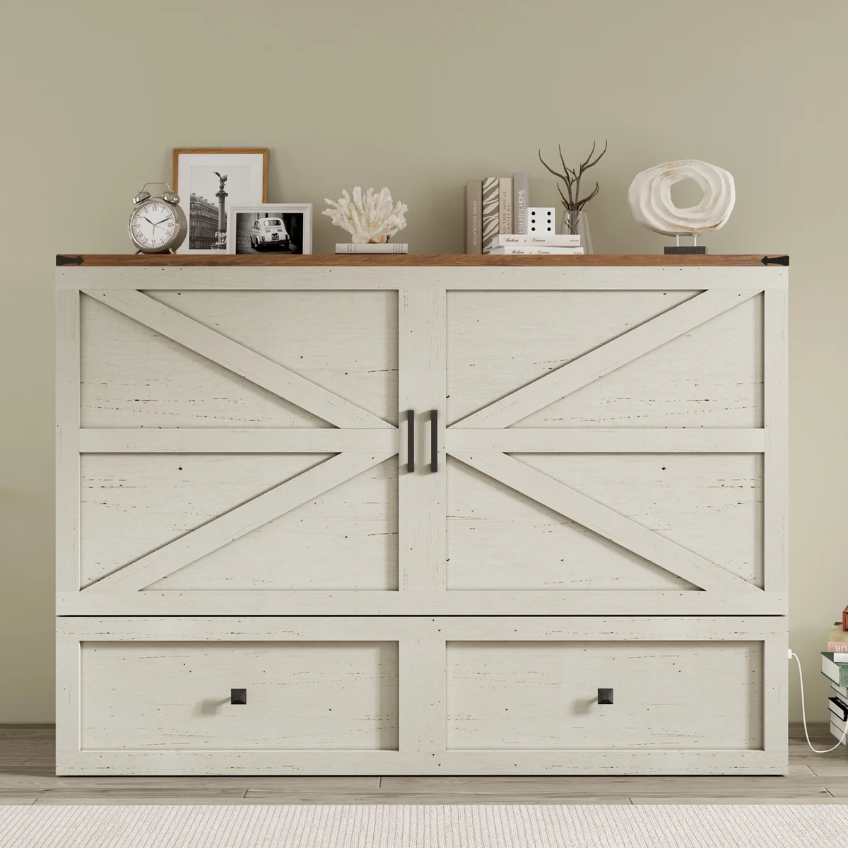 wilkinson+farmhouse+queen+murphy+bed+with+large+storage+drawer+&+charging+station,+white 922616757 922616756