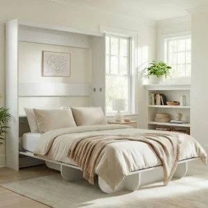 65 inch queen murphy bed, queen murphy bed with bookshelf storage, murphy bed with safety lock, wall bed with shelving, space saving queen bed, murphy nest beds