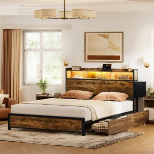 Antioch Queen Bed Frame with 2 Underbed Drawers, Modern Platform Bed with Charging Station & LED Light, Storage Headboard with 2 Bedside Drawers & Open Bookcase Shelves, Rustic Brown