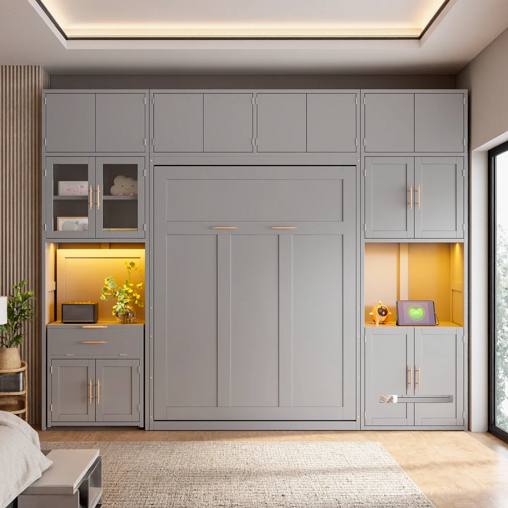 Dormal Full Murphy Bed with Pull-Out Desk, Cabinet, Charging Station, LED Lighting - Image 8