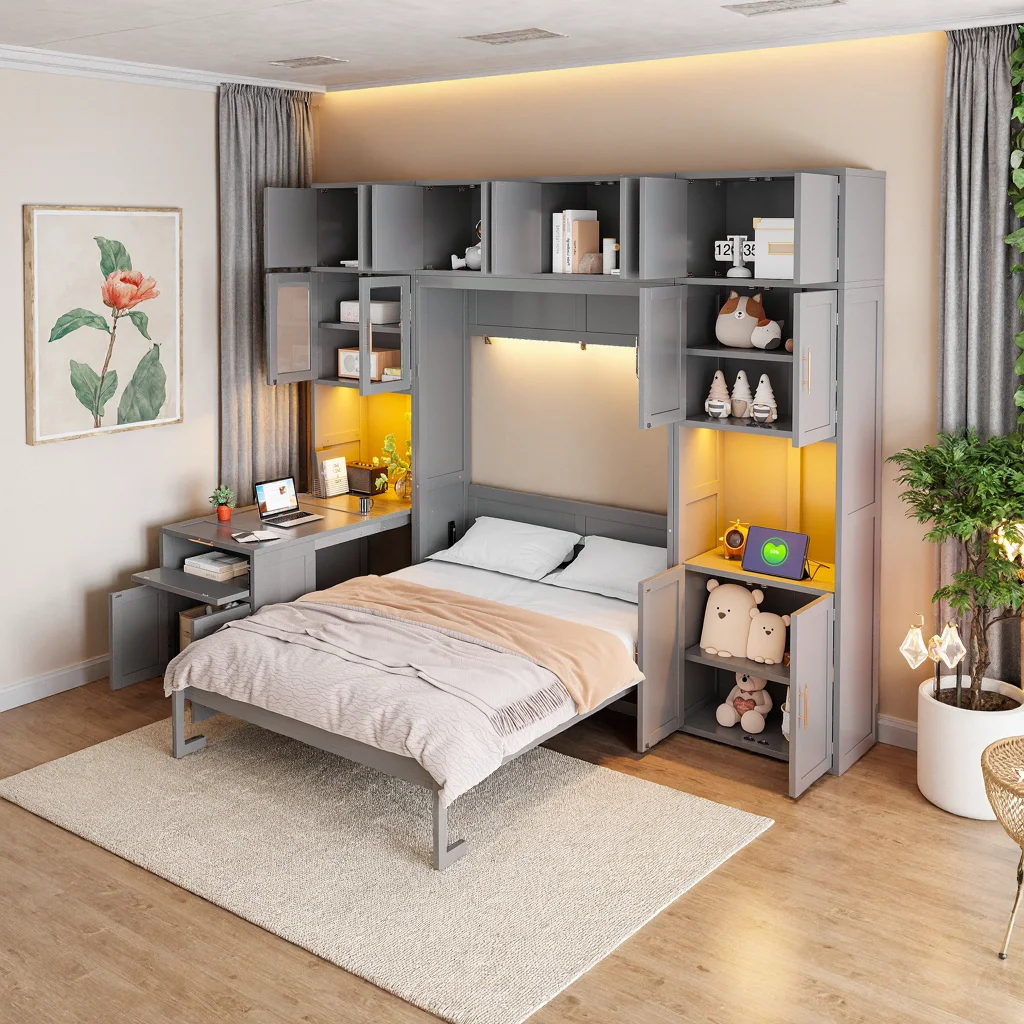 Dormal Full Murphy Bed with Pull-Out Desk, Cabinet, Charging Station, LED Lighting - Image 6