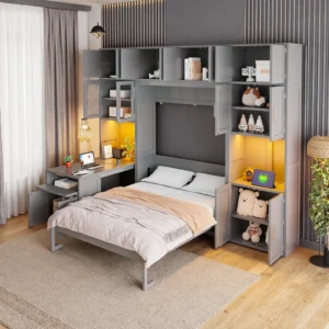 Dormal Full Murphy Bed, Murphy Nest, Murphy bed with desk, fold down bed, wall bed with charging station, space-saving furniture, multifunctional full bed, cabinet wall bed