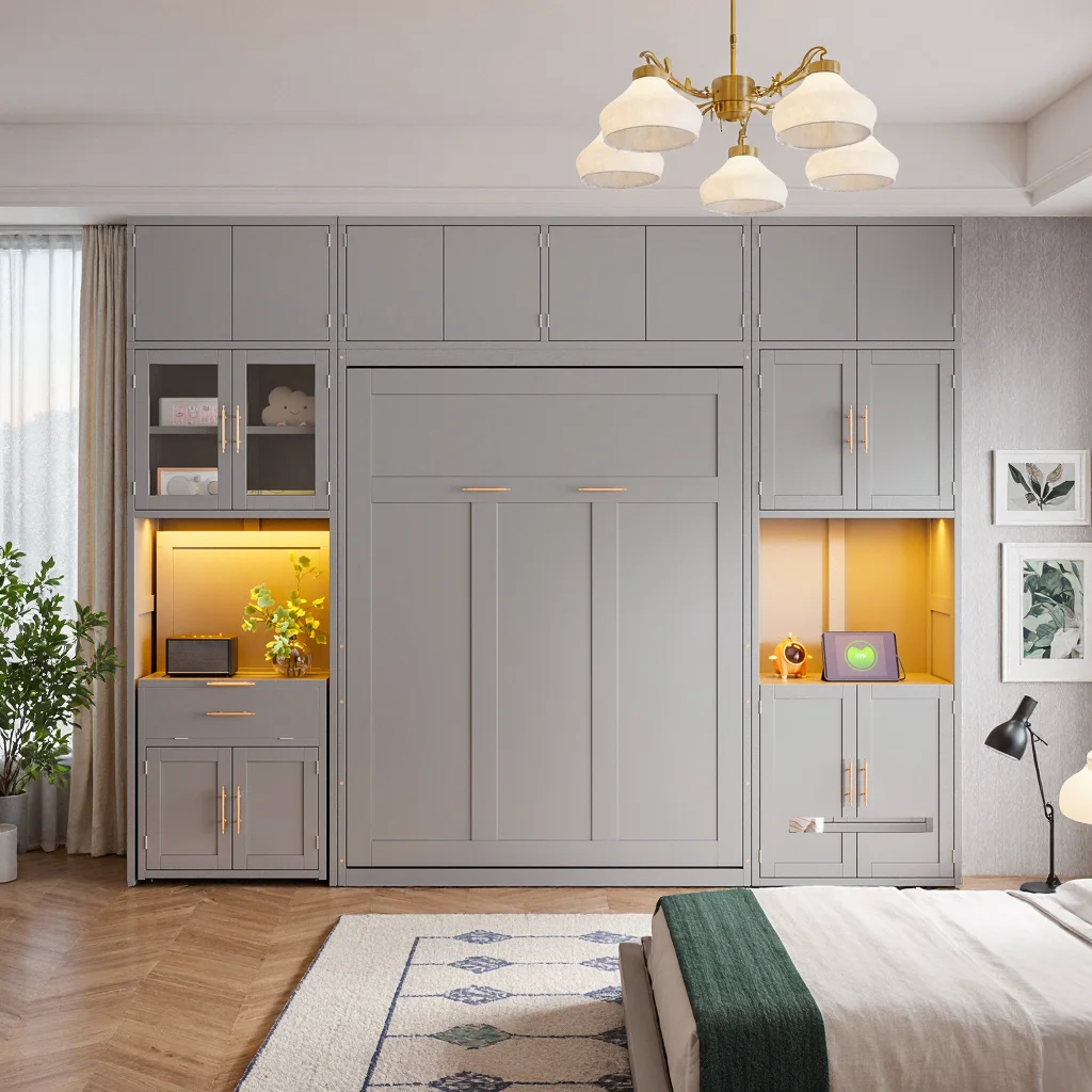 Dormal Full Murphy Bed with Pull-Out Desk, Cabinet, Charging Station, LED Lighting - Image 5