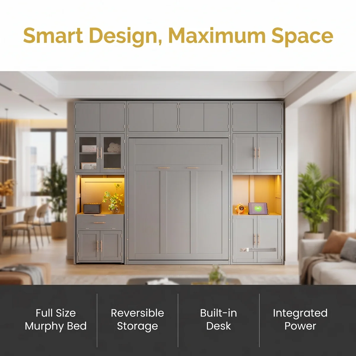Dormal Full Murphy Bed with Pull-Out Desk, Cabinet, Charging Station, LED Lighting - Image 4