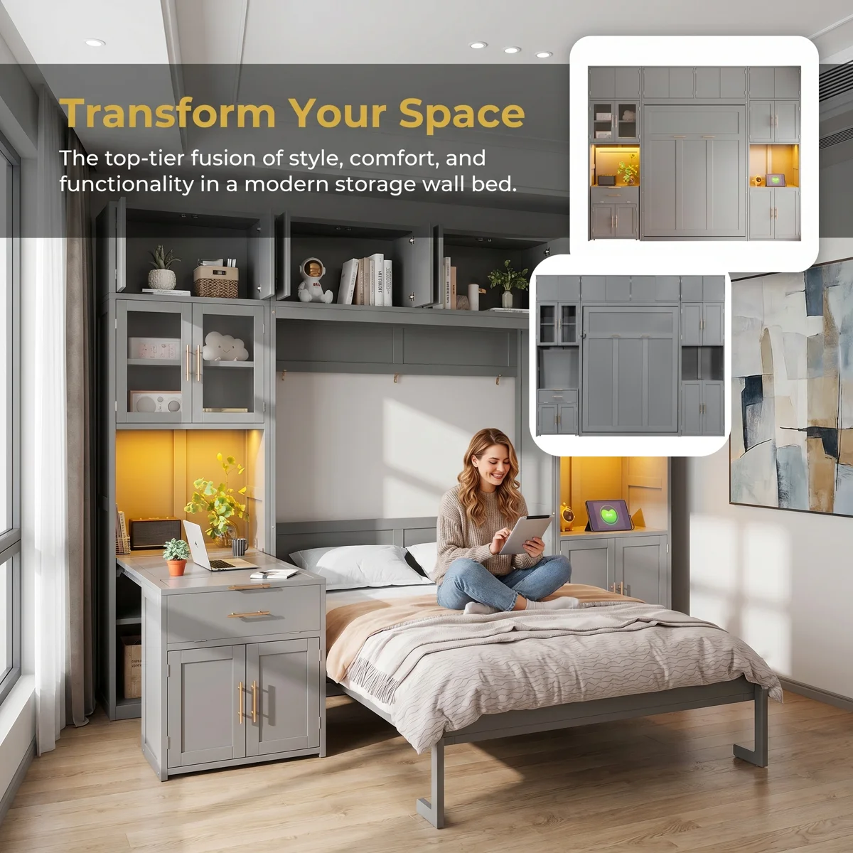 Dormal Full Murphy Bed with Pull-Out Desk, Cabinet, Charging Station, LED Lighting - Image 2