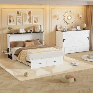 foldable wall bed queen, Murphy bed cabinet, dual side nightstands, USB charging bed frame, space saving platform bed, Murphy Nest, studio apartment bed, guest room wall bed, modern Murphy wall bed system