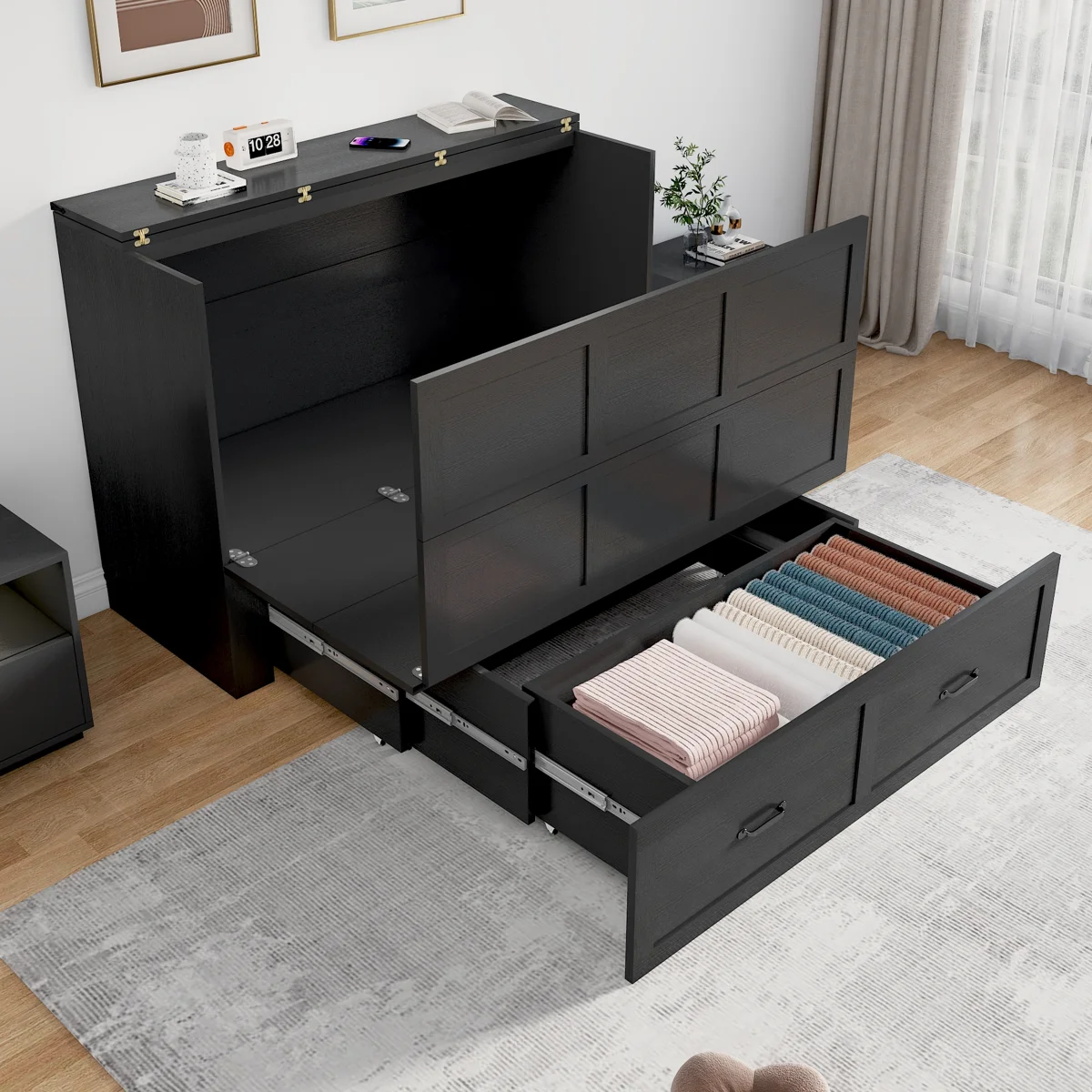 Queen Size Farmhouse Wood Murphy Chest Bed, Space-Saving Hidden Folding Storage Cabinet Bed with Drawer & Built-In Charging Station for Bedroom & Office - Image 10