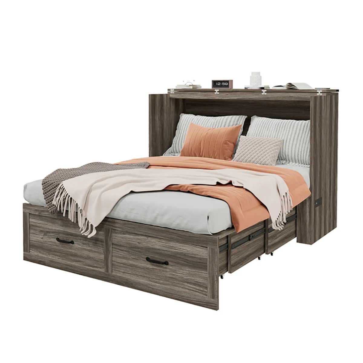 Queen Size Farmhouse Wood Murphy Chest Bed, Space-Saving Hidden Folding Storage Cabinet Bed with Drawer & Built-In Charging Station for Bedroom & Office - Image 9