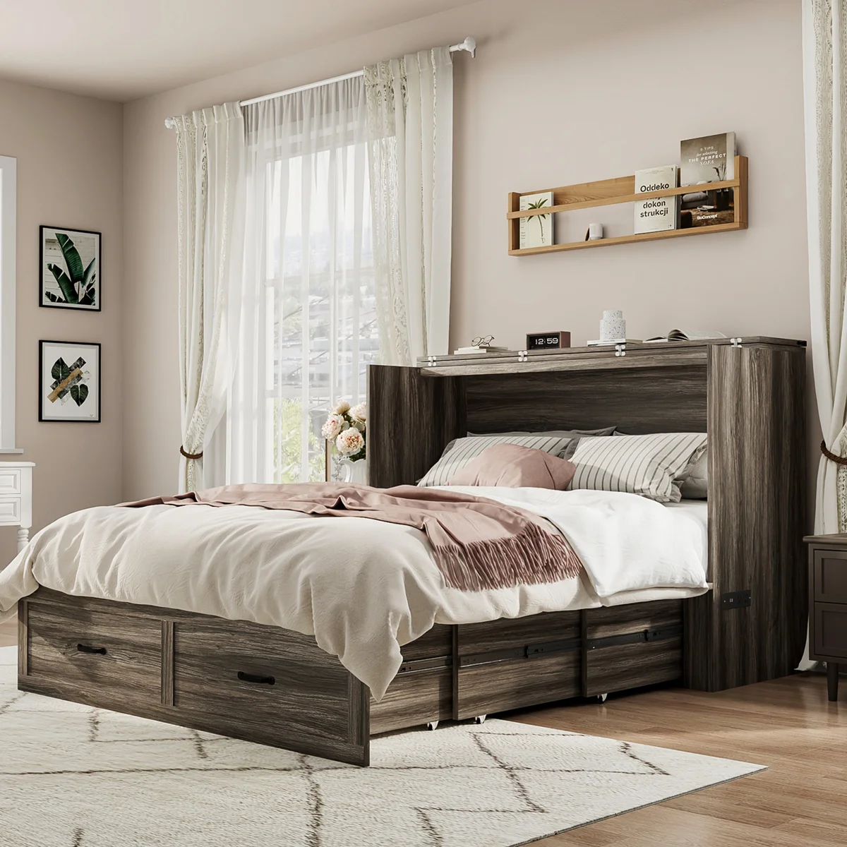 Queen Size Farmhouse Wood Murphy Chest Bed, Space-Saving Hidden Folding Storage Cabinet Bed with Drawer & Built-In Charging Station for Bedroom & Office - Image 8