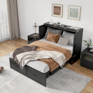 Queen Size Farmhouse Wood Murphy Chest Bed, Murphy Nest, hidden folding storage cabinet bed, space saving chest bed with charging station, farmhouse cabinet bed with drawer, convertible bed for home office
