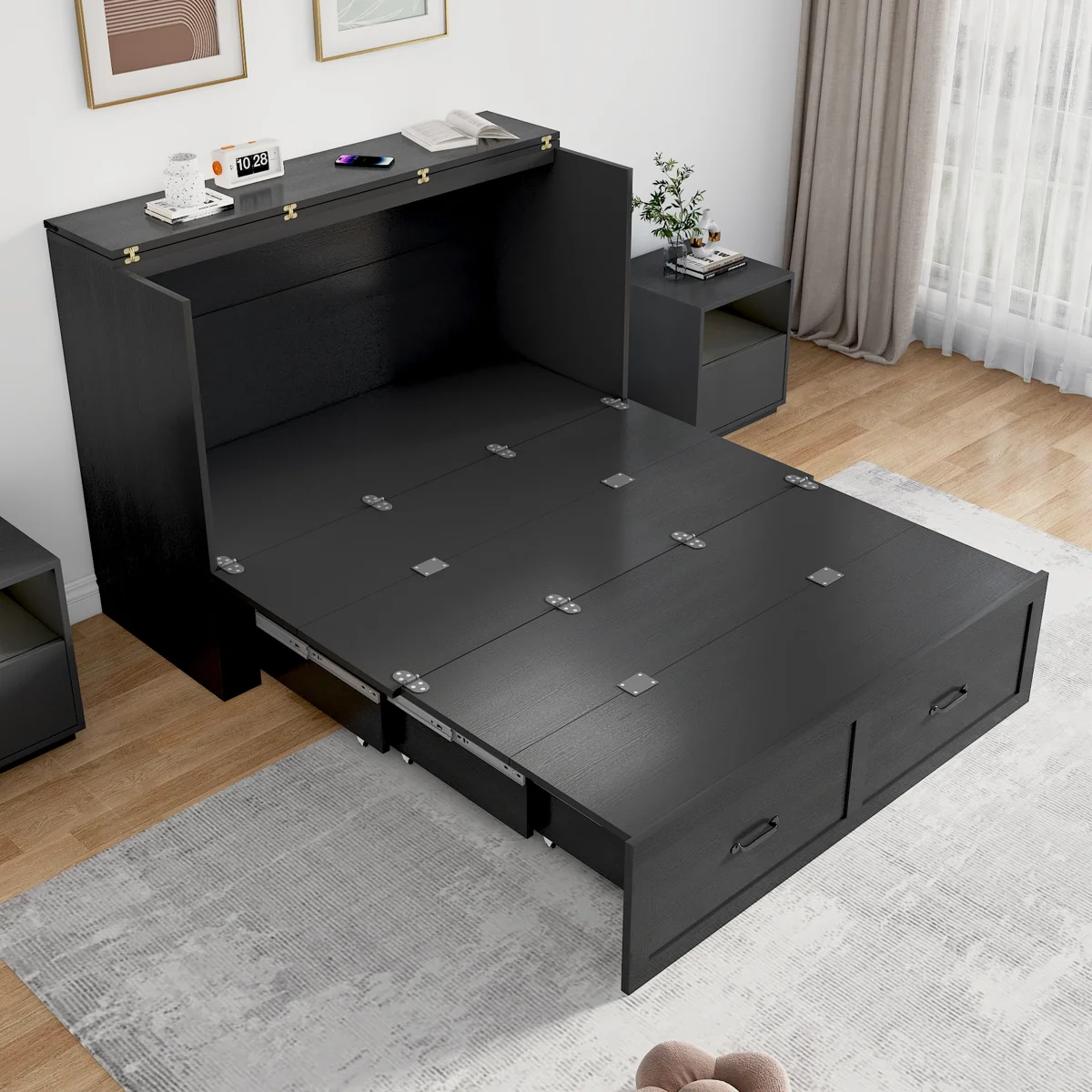 Queen Size Farmhouse Wood Murphy Chest Bed, Space-Saving Hidden Folding Storage Cabinet Bed with Drawer & Built-In Charging Station for Bedroom & Office - Image 6