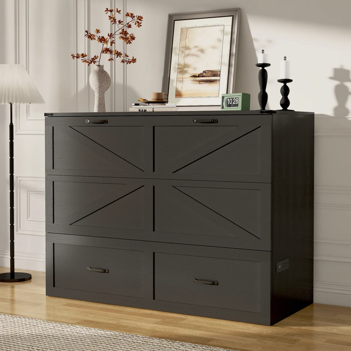 Queen Size Farmhouse Wood Murphy Chest Bed, Space-Saving Hidden Folding Storage Cabinet Bed with Drawer & Built-In Charging Station for Bedroom & Office - Image 5