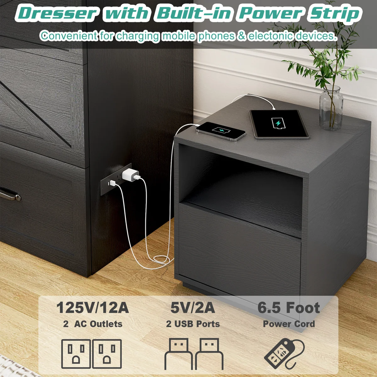 Queen Size Farmhouse Wood Murphy Chest Bed, Space-Saving Hidden Folding Storage Cabinet Bed with Drawer & Built-In Charging Station for Bedroom & Office - Image 4