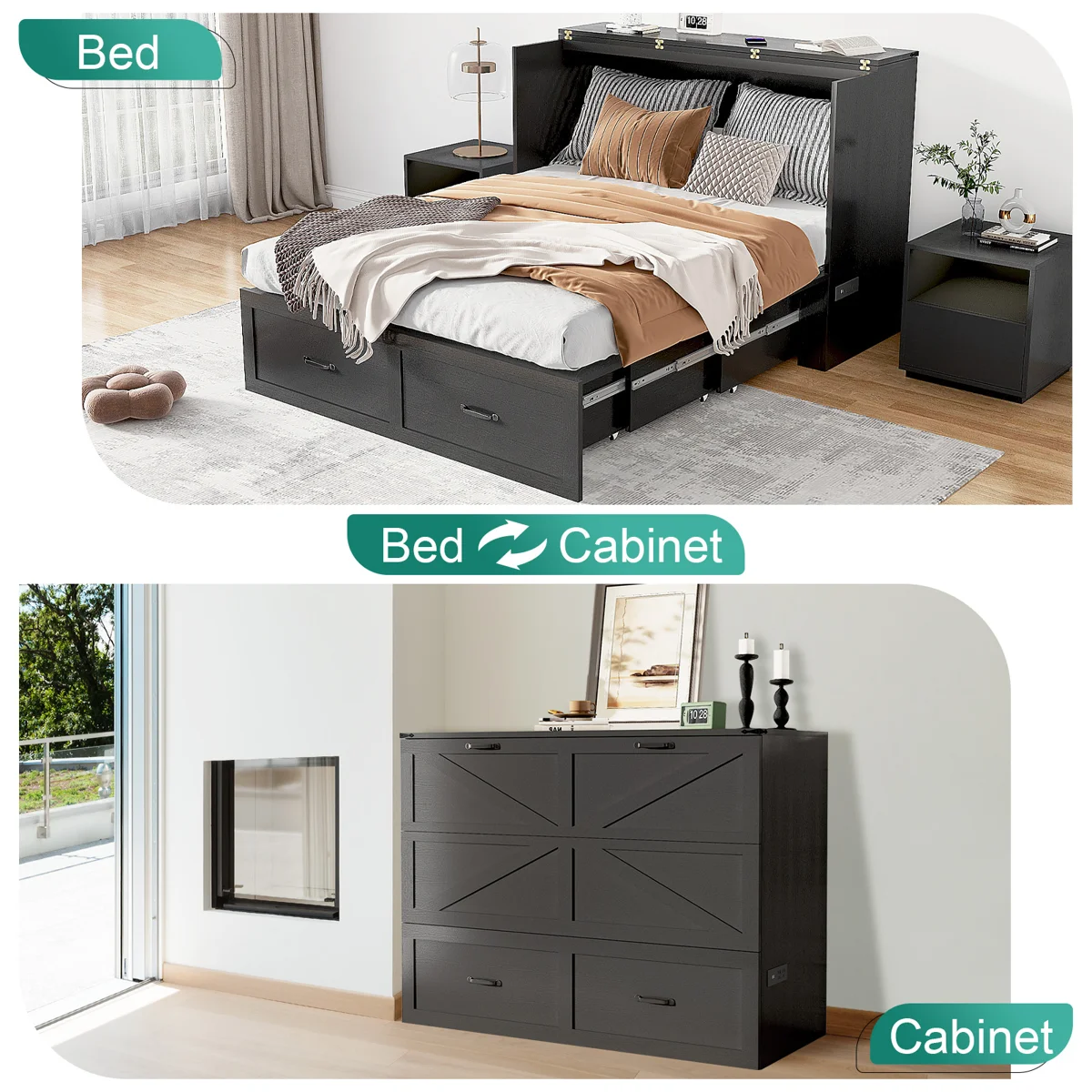 Queen Size Farmhouse Wood Murphy Chest Bed, Space-Saving Hidden Folding Storage Cabinet Bed with Drawer & Built-In Charging Station for Bedroom & Office - Image 3