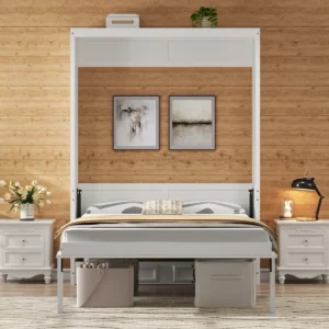 Murphy Nest, Full Size Murphy Bed with 2 Storage Drawers, Beige Wall Bed, space-saving bed, cabinet wall bed, modern Murphy bed, guest room fold down bed