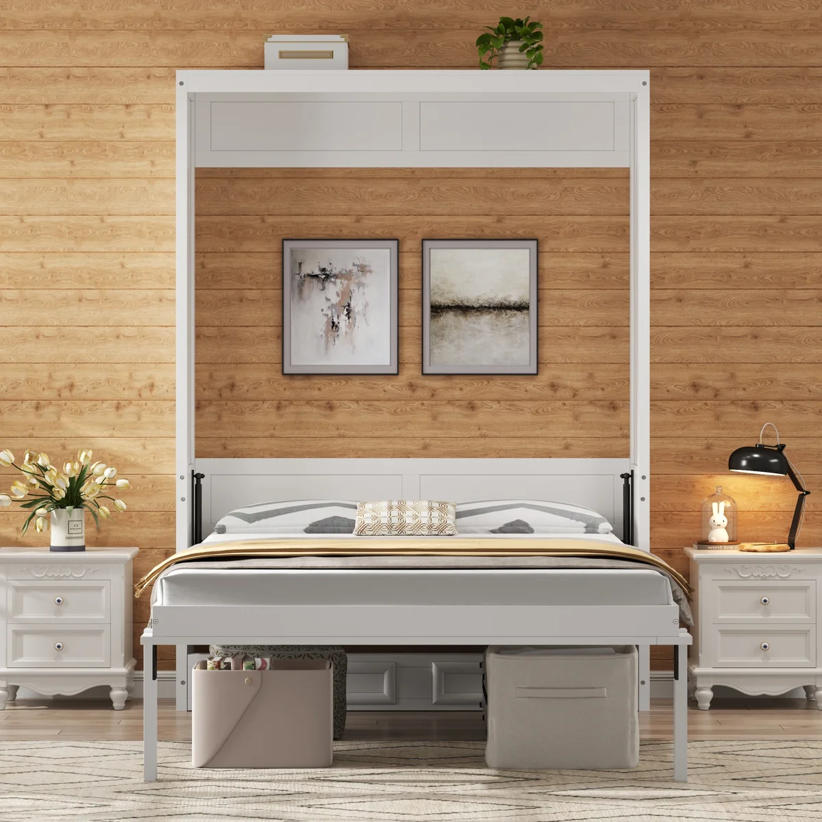 Murphy Nest, Full Size Murphy Bed with 2 Storage Drawers, Beige Wall Bed, space-saving bed, cabinet wall bed, modern Murphy bed, guest room fold down bed