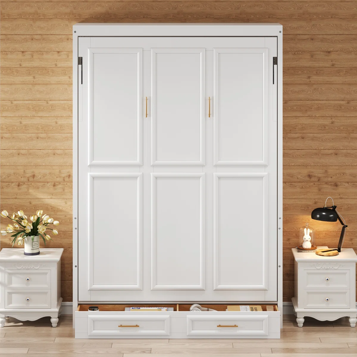 Full Size Murphy Bed with 2 Storage Drawers, Space-Saving Beige Wall Bed - Image 7