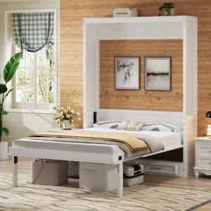 Full Size Murphy Bed with 2 Storage Drawers, Beige Wall Bed, space-saving wall bed, Murphy Nest beds, pull down bed with storage, modern guest room furniture