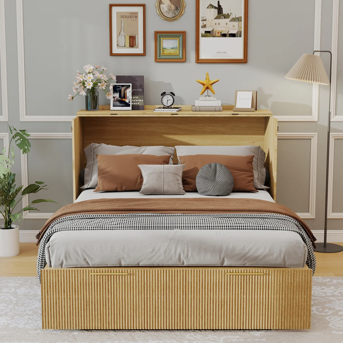 Full Size Murphy Bed with Drawer and Charging Station, Wood Space-Saving Hidden Folding Beds Chest - Image 8