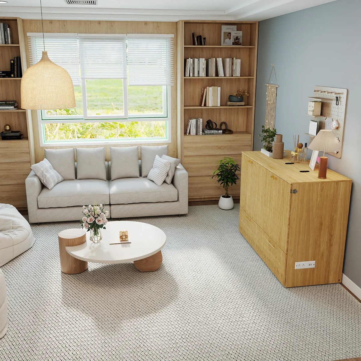 Full Size Murphy Bed with Drawer and Charging Station, Wood Space-Saving Hidden Folding Beds Chest - Image 7