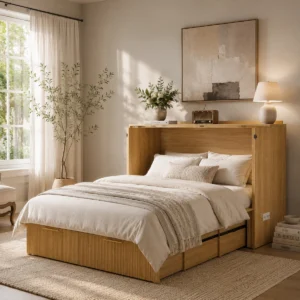 Full Size Murphy Bed with Drawer and Charging Station, Wood Space-Saving Hidden Folding Beds Chest, cabinet bed with outlet, Murphy Nest furniture, fold out bed chest