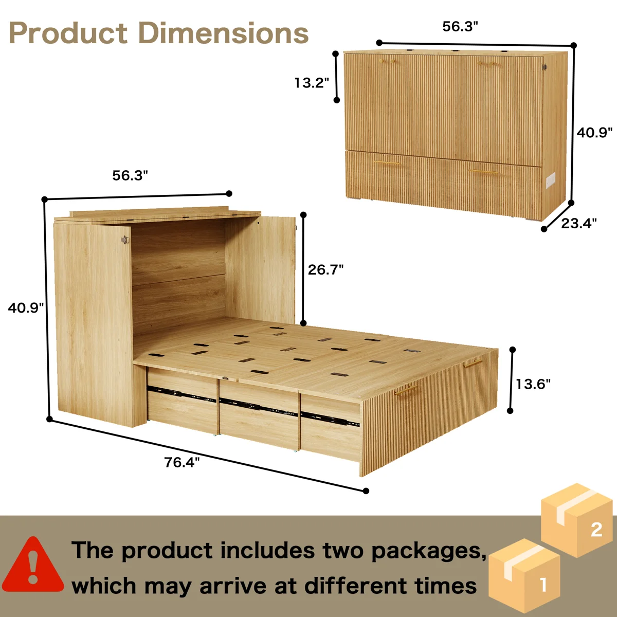Full Size Murphy Bed with Drawer and Charging Station, Wood Space-Saving Hidden Folding Beds Chest - Image 4