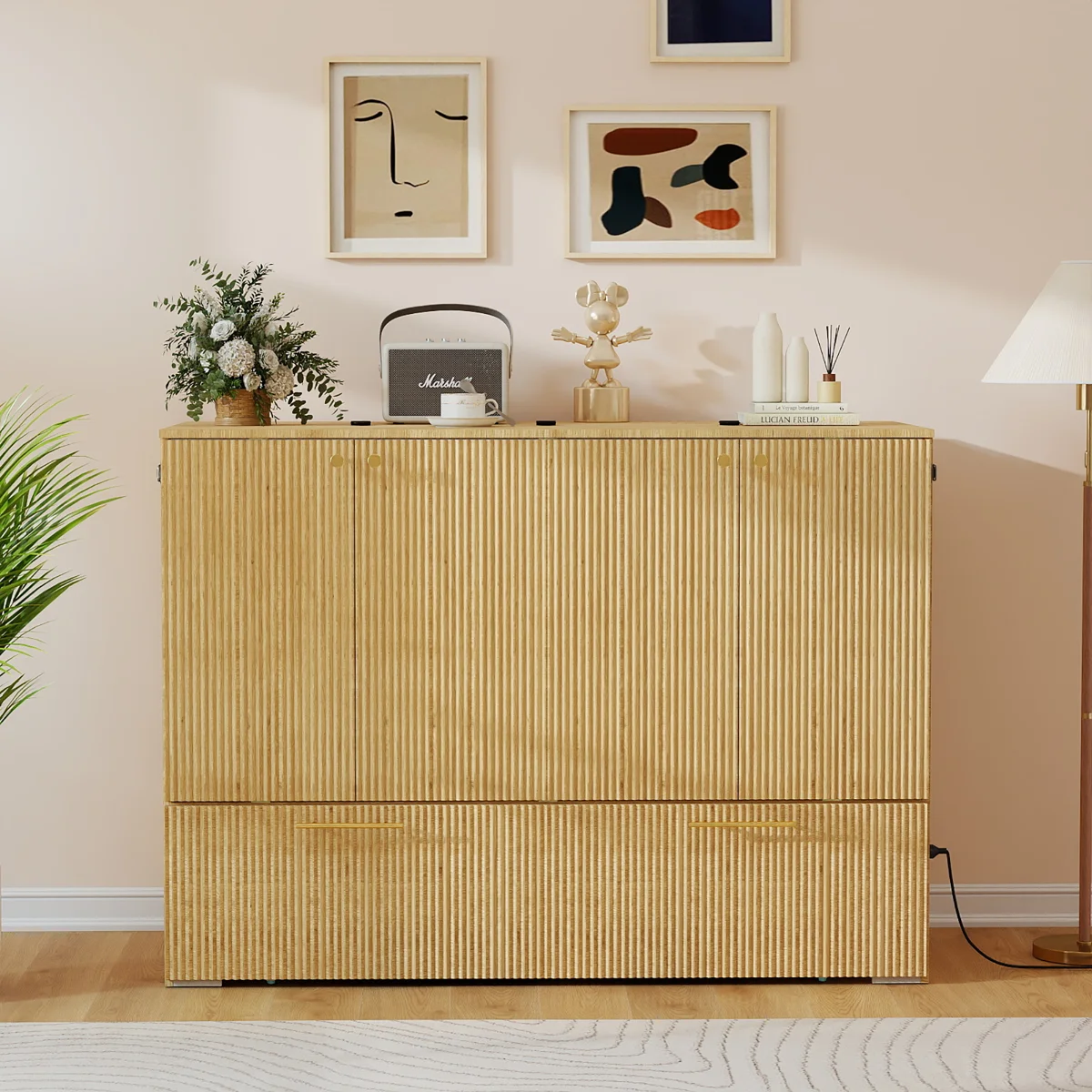Full Size Murphy Bed with Drawer and Charging Station, Wood Space-Saving Hidden Folding Beds Chest - Image 3