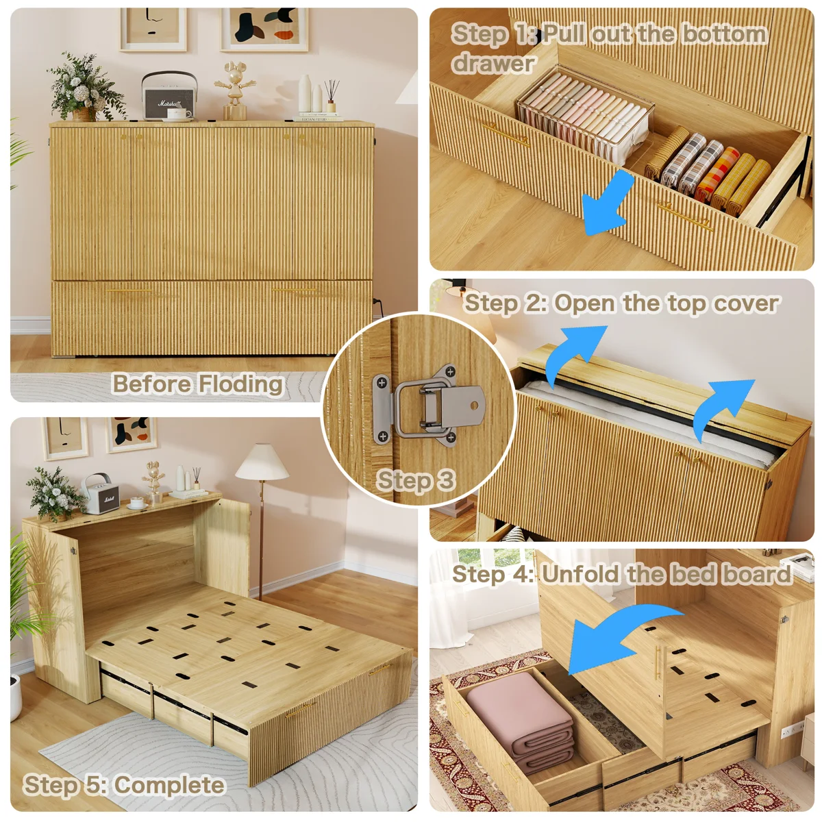 Full Size Murphy Bed with Drawer and Charging Station, Wood Space-Saving Hidden Folding Beds Chest - Image 2