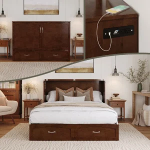 Marion Queen Wood Murphy Bed Chest, Murphy Nest, Murphy bed chest with mattress, queen cabinet bed with charging station, space saving queen bed with drawer