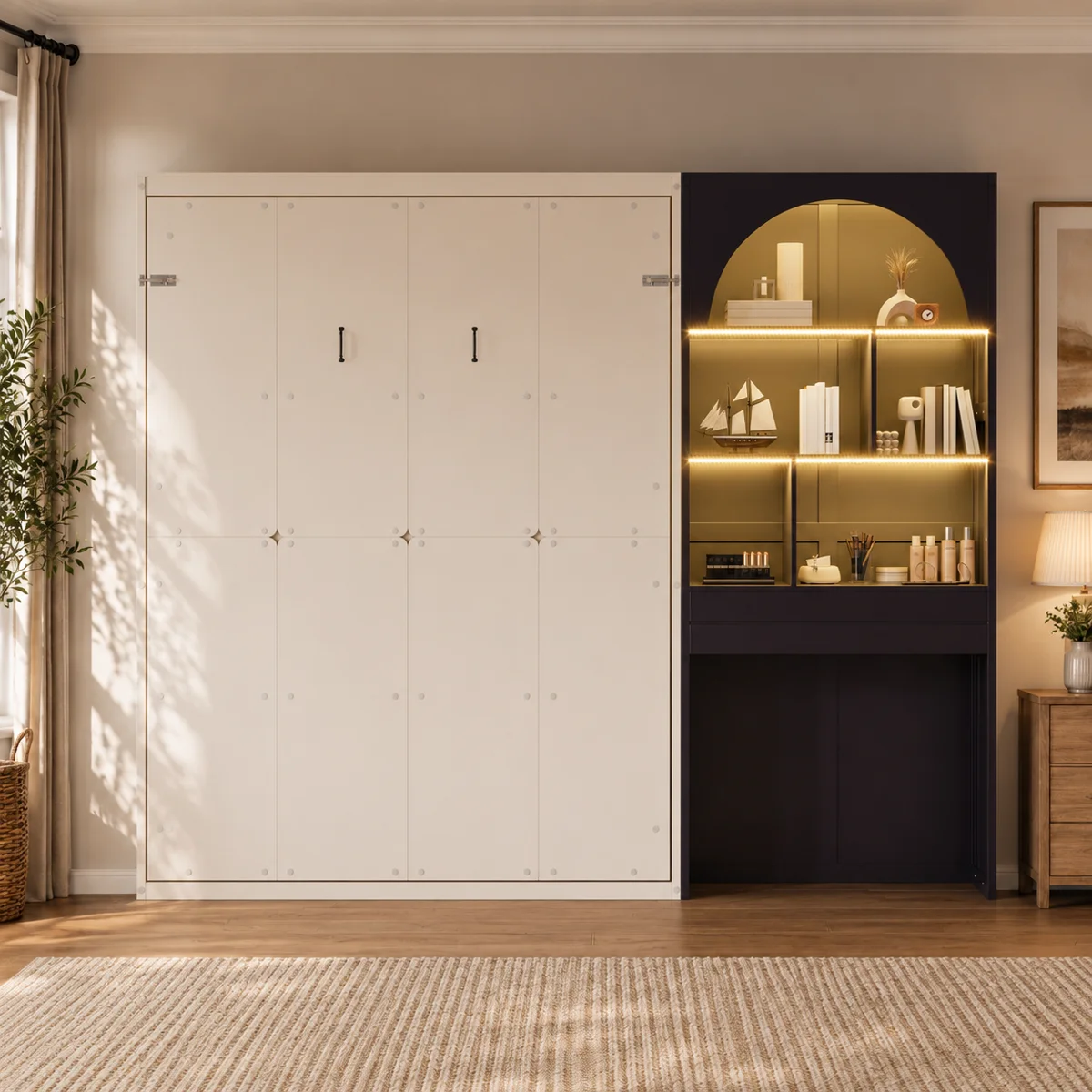 Modern Queen Murphy Bed with Built-in Arched Bookcase, LED Ambient Lighting & Storage Drawer - Image 9