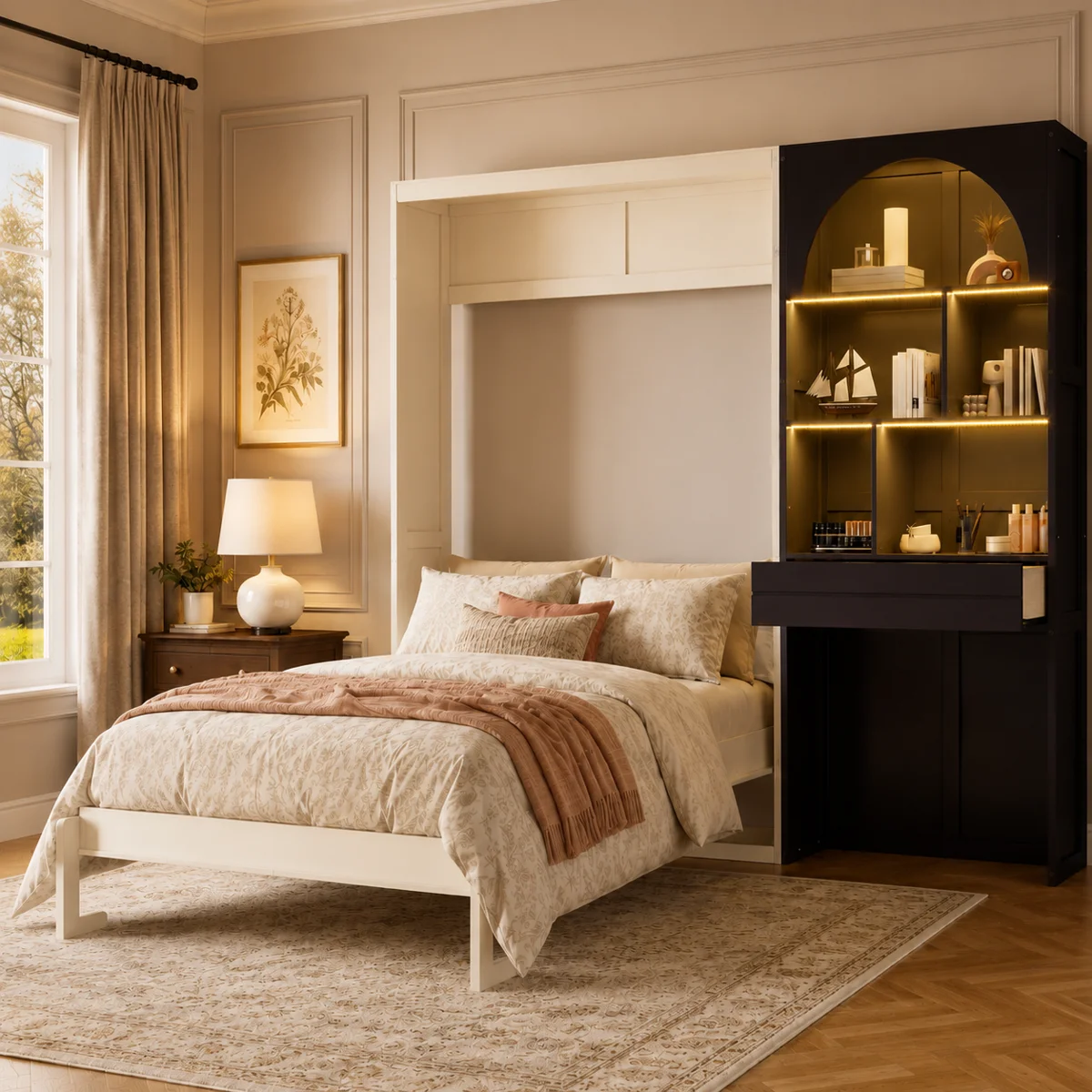 Modern Queen Murphy Bed with Built-in Arched Bookcase, LED Ambient Lighting & Storage Drawer - Image 8