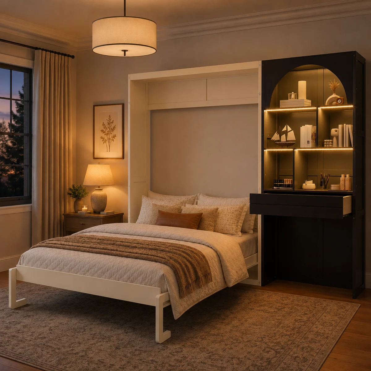 Modern Queen Murphy Bed with Built-in Arched Bookcase, LED Ambient Lighting & Storage Drawer - Image 7