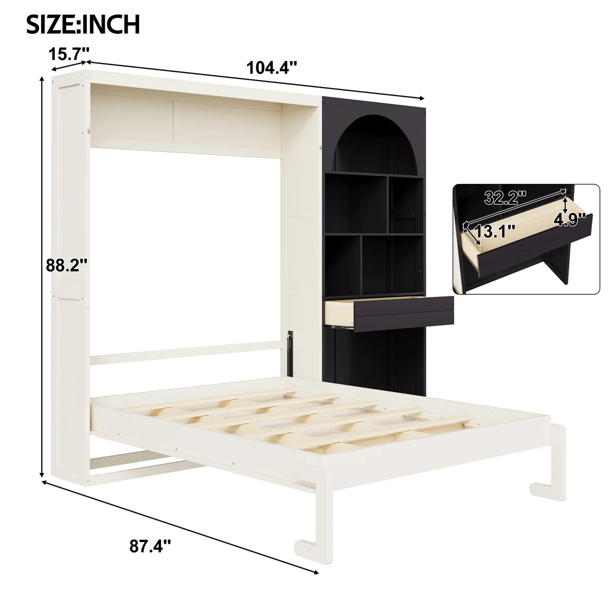 Modern Queen Murphy Bed with Built-in Arched Bookcase, LED Ambient Lighting & Storage Drawer - Image 6
