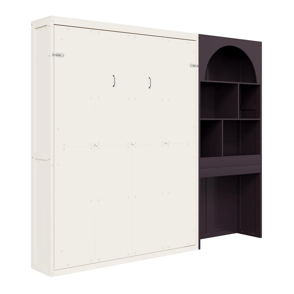 Modern Queen Murphy Bed with Built-in Arched Bookcase, LED Ambient Lighting & Storage Drawer - Image 4