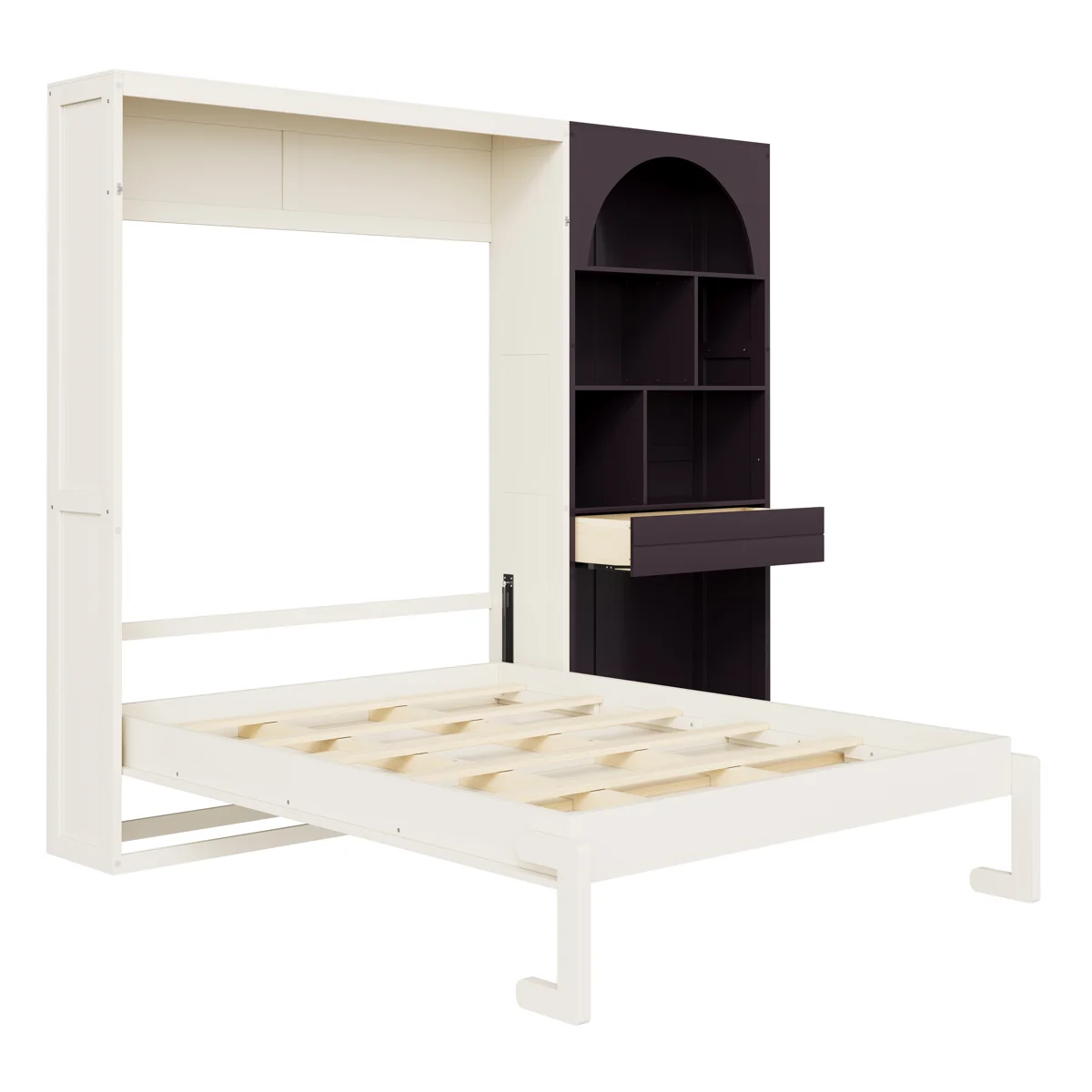 Modern Queen Murphy Bed with Built-in Arched Bookcase, LED Ambient Lighting & Storage Drawer - Image 3