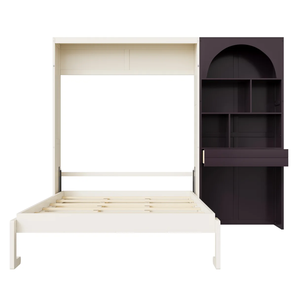 Modern Queen Murphy Bed with Built-in Arched Bookcase, LED Ambient Lighting & Storage Drawer - Image 2