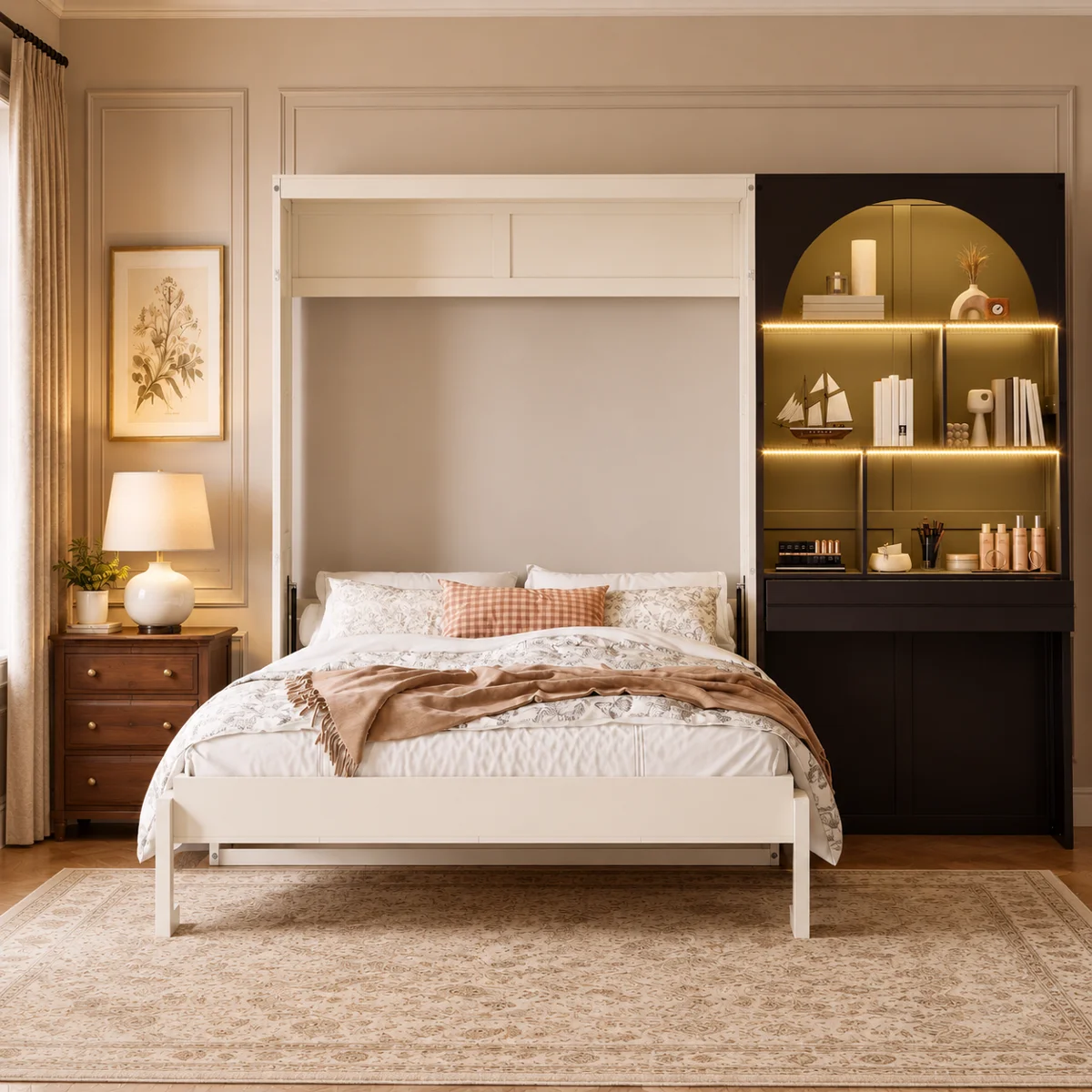 Modern Queen Murphy Bed, Murphy Nest, Murphy Bed with Arched Bookcase, Wall Bed with LED Lighting, Storage Murphy Bed, Space Saving Furniture