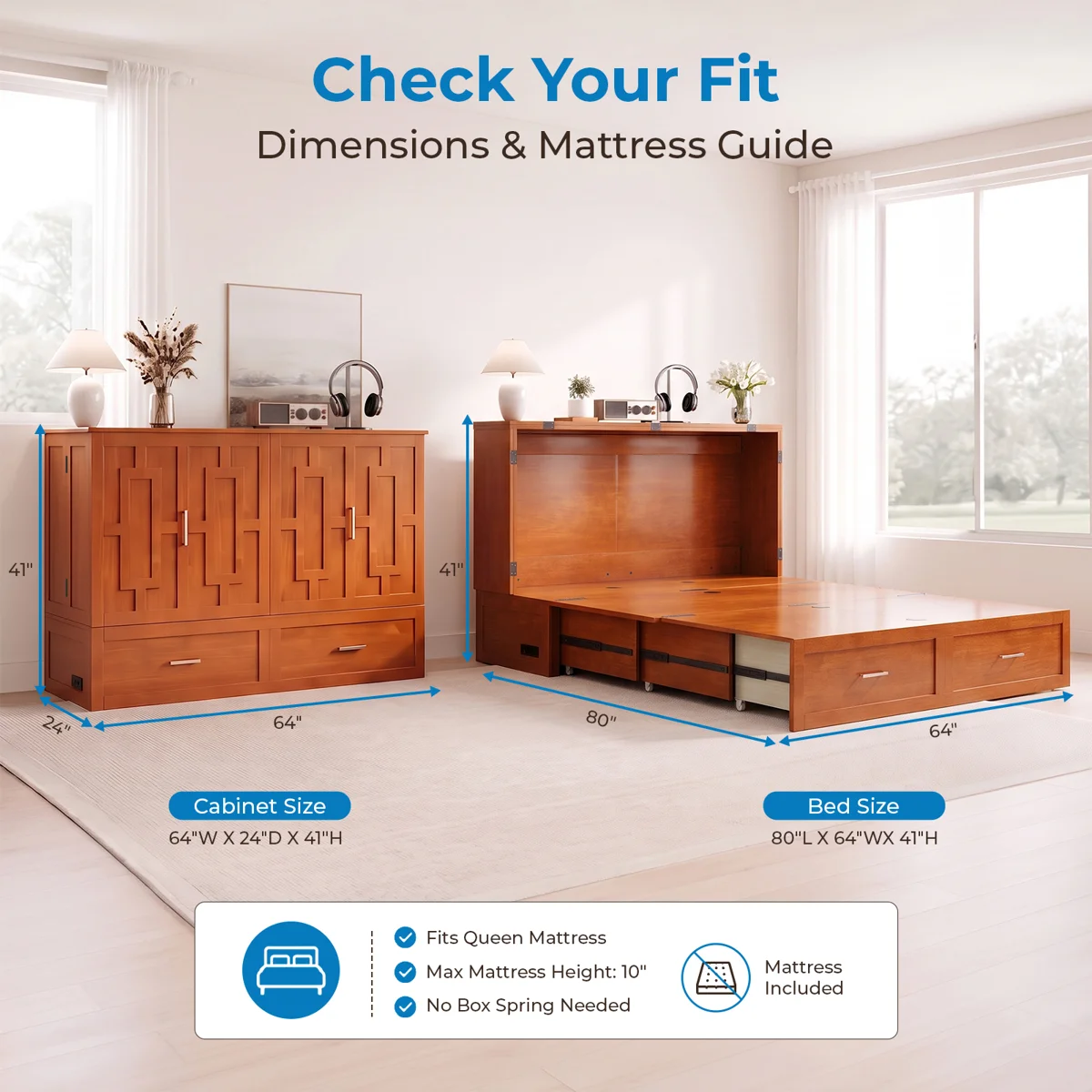 Modern Queen Murphy Cabinet Bed with Storage Drawer and USB Charging Station For Bedroom,Guest Room - Image 7