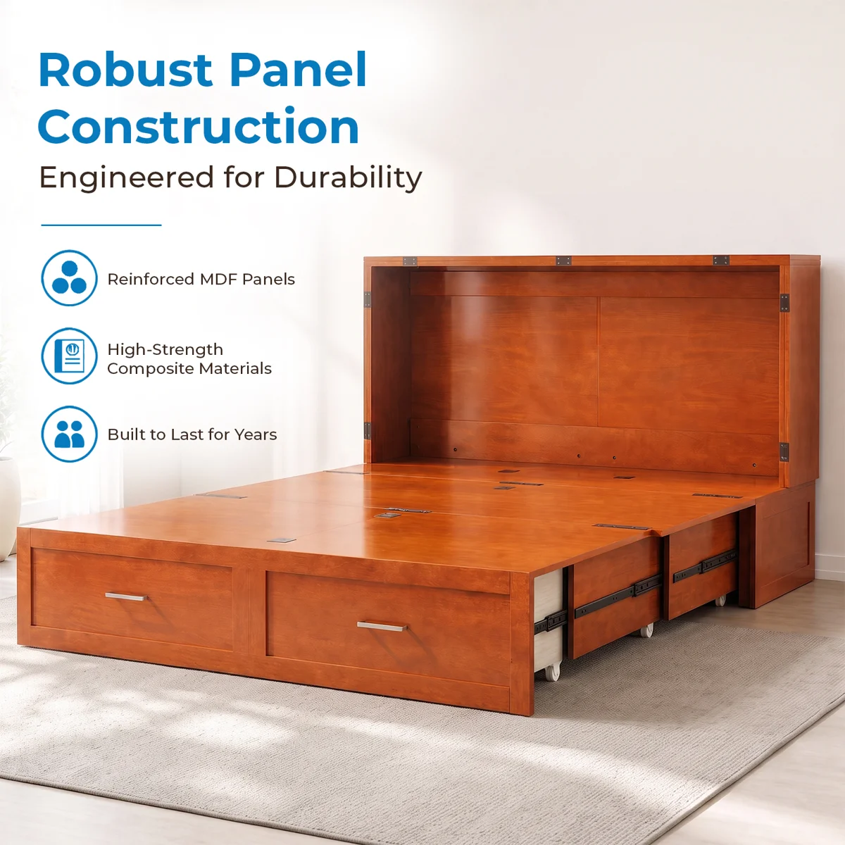 Modern Queen Murphy Cabinet Bed with Storage Drawer and USB Charging Station For Bedroom,Guest Room - Image 6