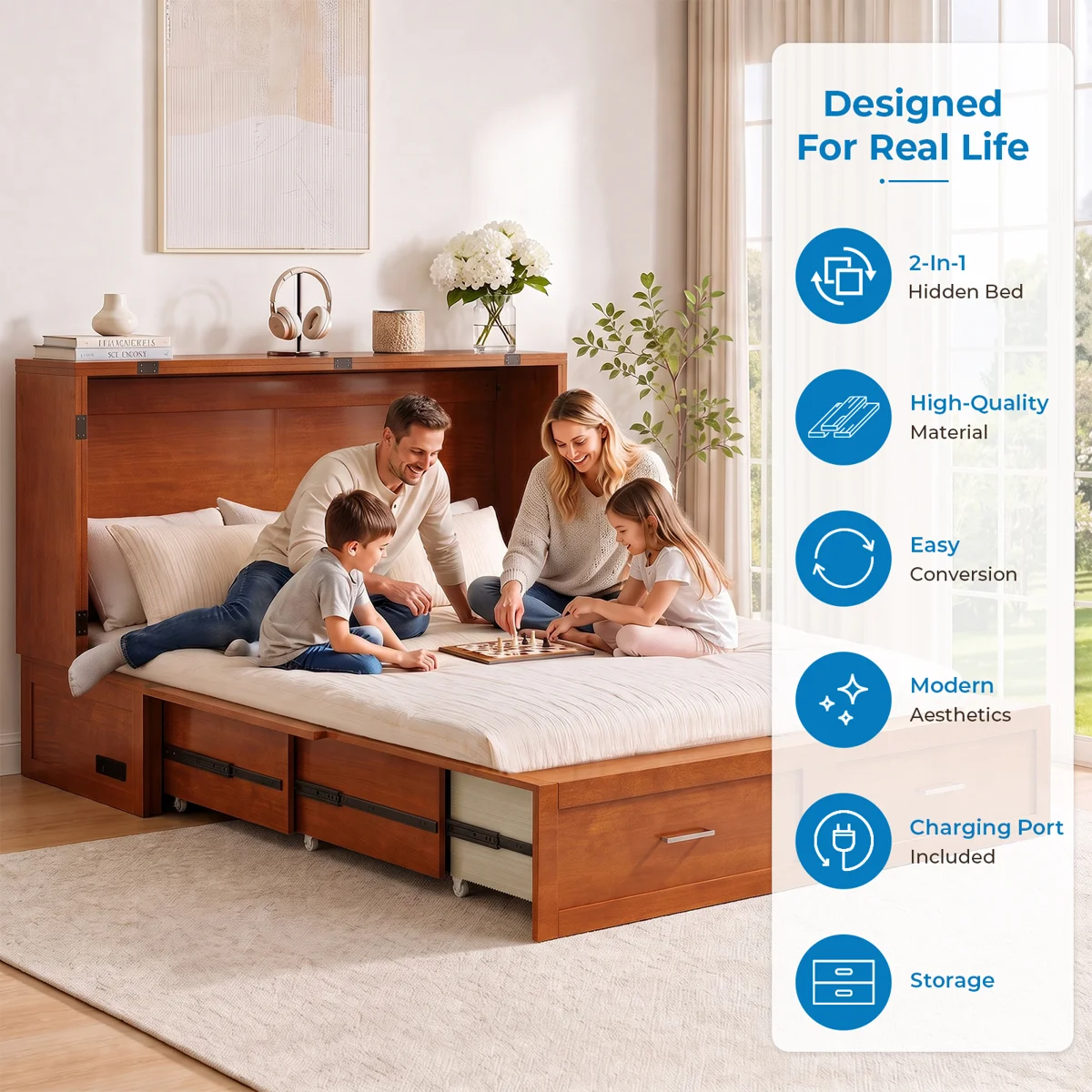 Modern Queen Murphy Cabinet Bed with Storage Drawer and USB Charging Station For Bedroom,Guest Room - Image 5