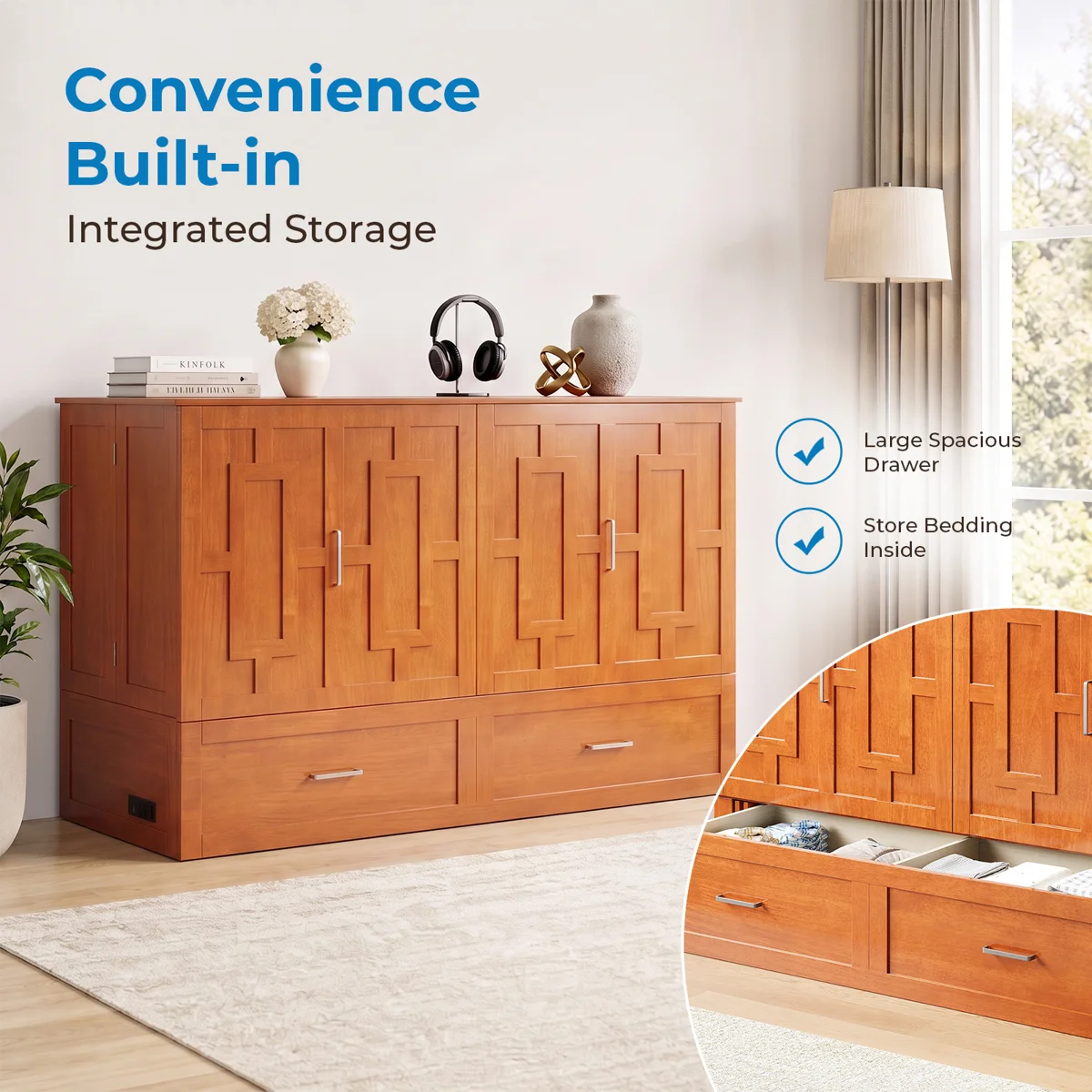 Modern Queen Murphy Cabinet Bed with Storage Drawer and USB Charging Station For Bedroom,Guest Room - Image 4
