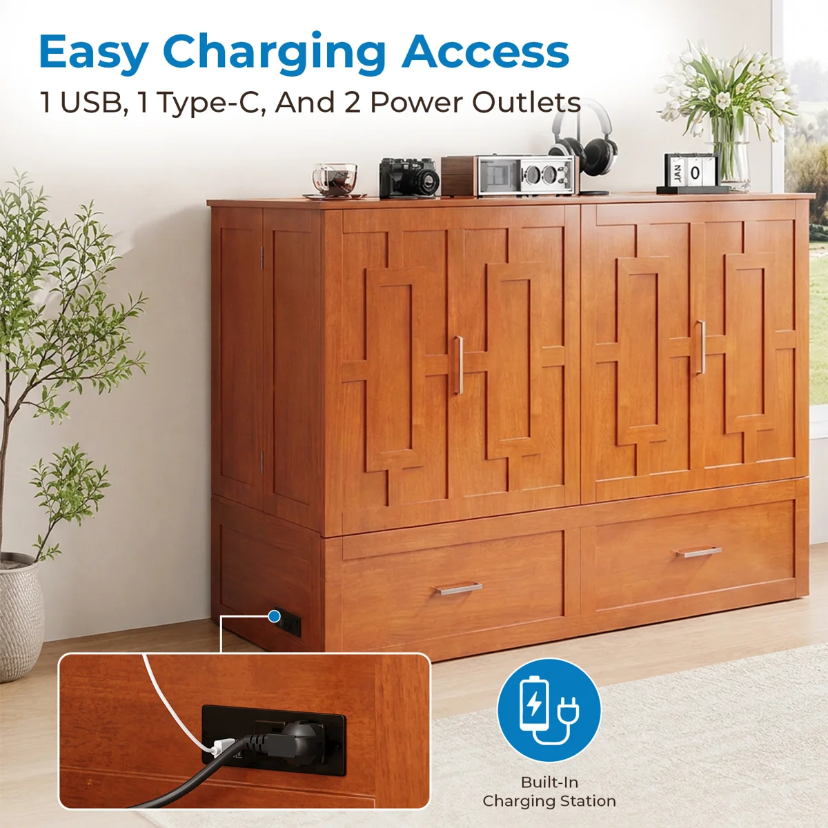 Modern Queen Murphy Cabinet Bed with Storage Drawer and USB Charging Station For Bedroom,Guest Room - Image 3