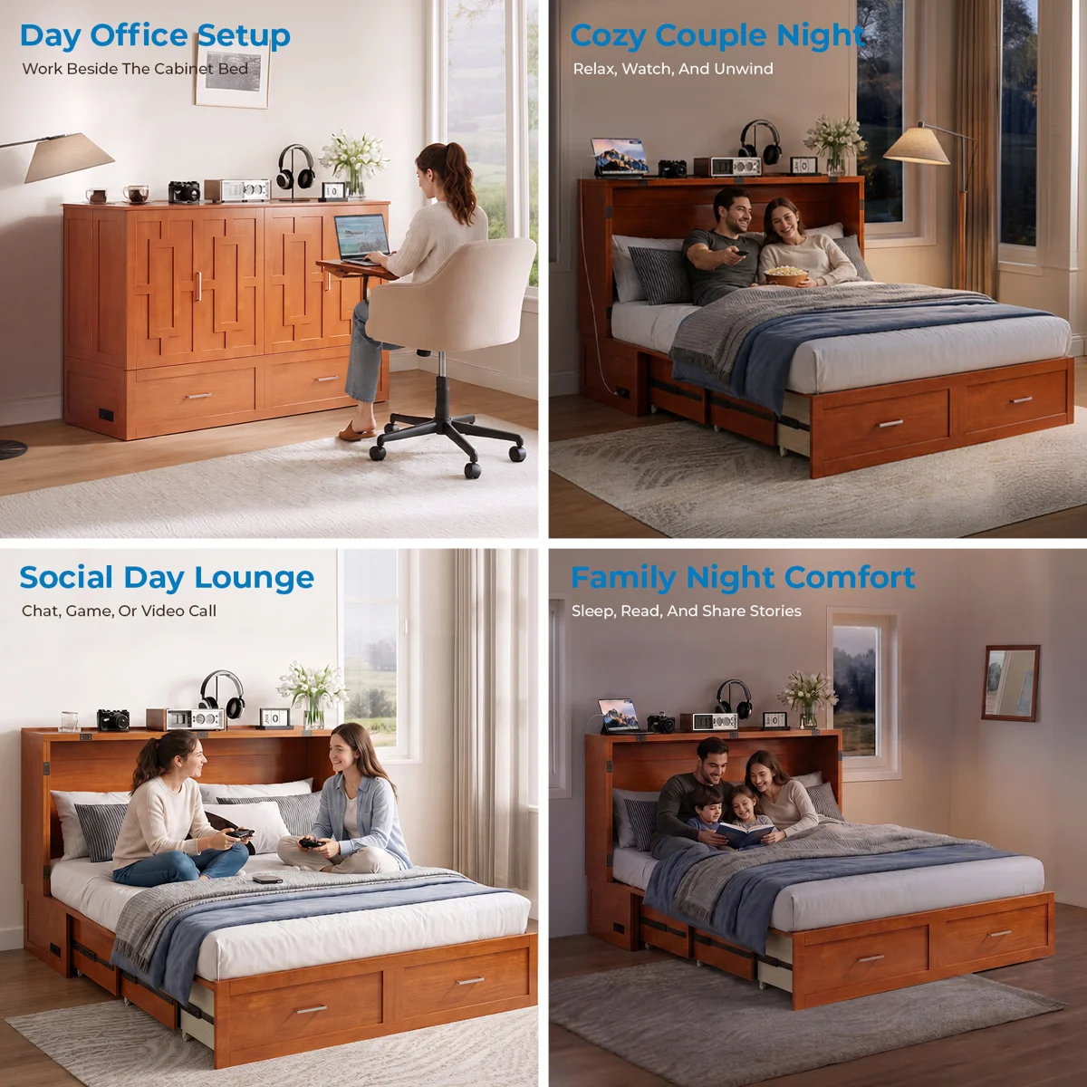 Modern Queen Murphy Cabinet Bed with Storage Drawer and USB Charging Station For Bedroom,Guest Room - Image 2