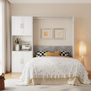Murphy Bed Queen with Side Cabinet Storage Shelves, Queen Size Wall Bed Cabinet, Hidden Foldable Platform Bed Frame, Space-saving queen murphy bed, Murphy Nest wall bed