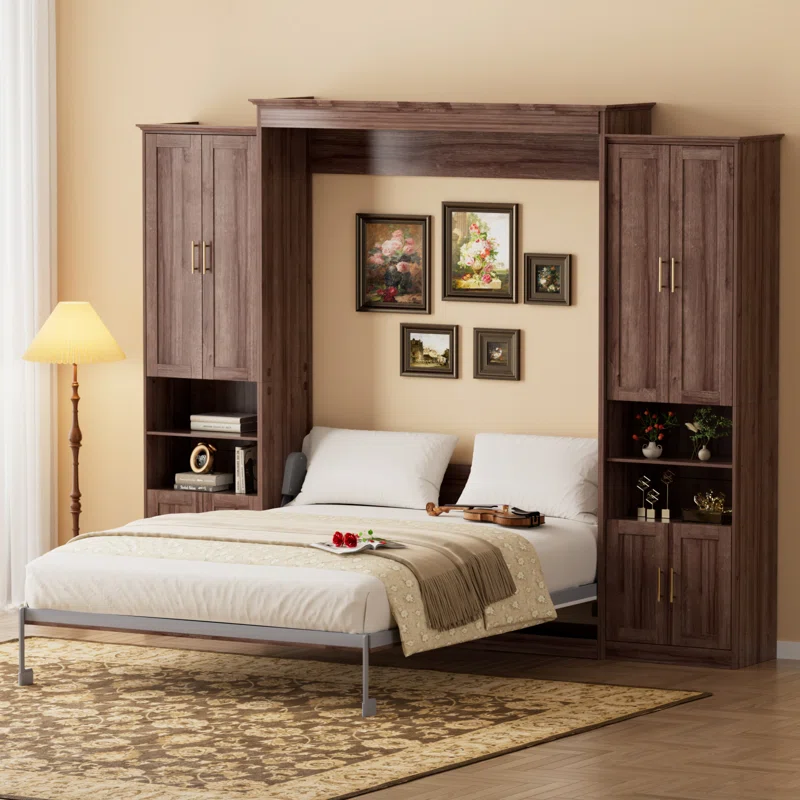 Murphy bed with storage cabinet shelves, queen wall bed with USB port, Murphy Nest fold down bed, space saving queen bed with storage, modern wall bed with built in shelving