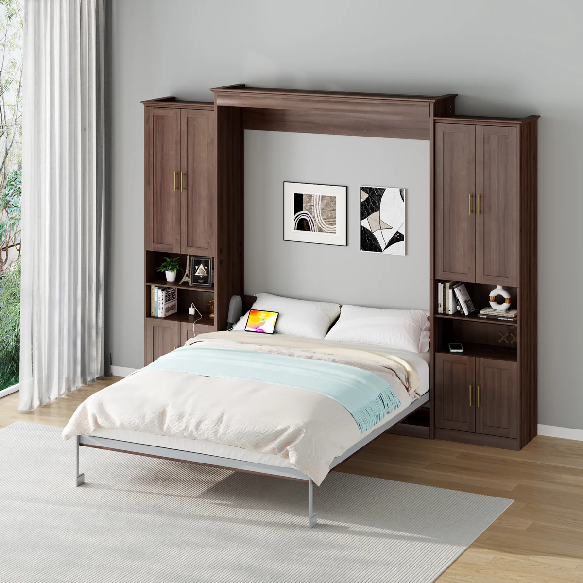 Murphy Bed With Storage Cabinet Shelves, Queen Wall Bed And USB Port - Image 8