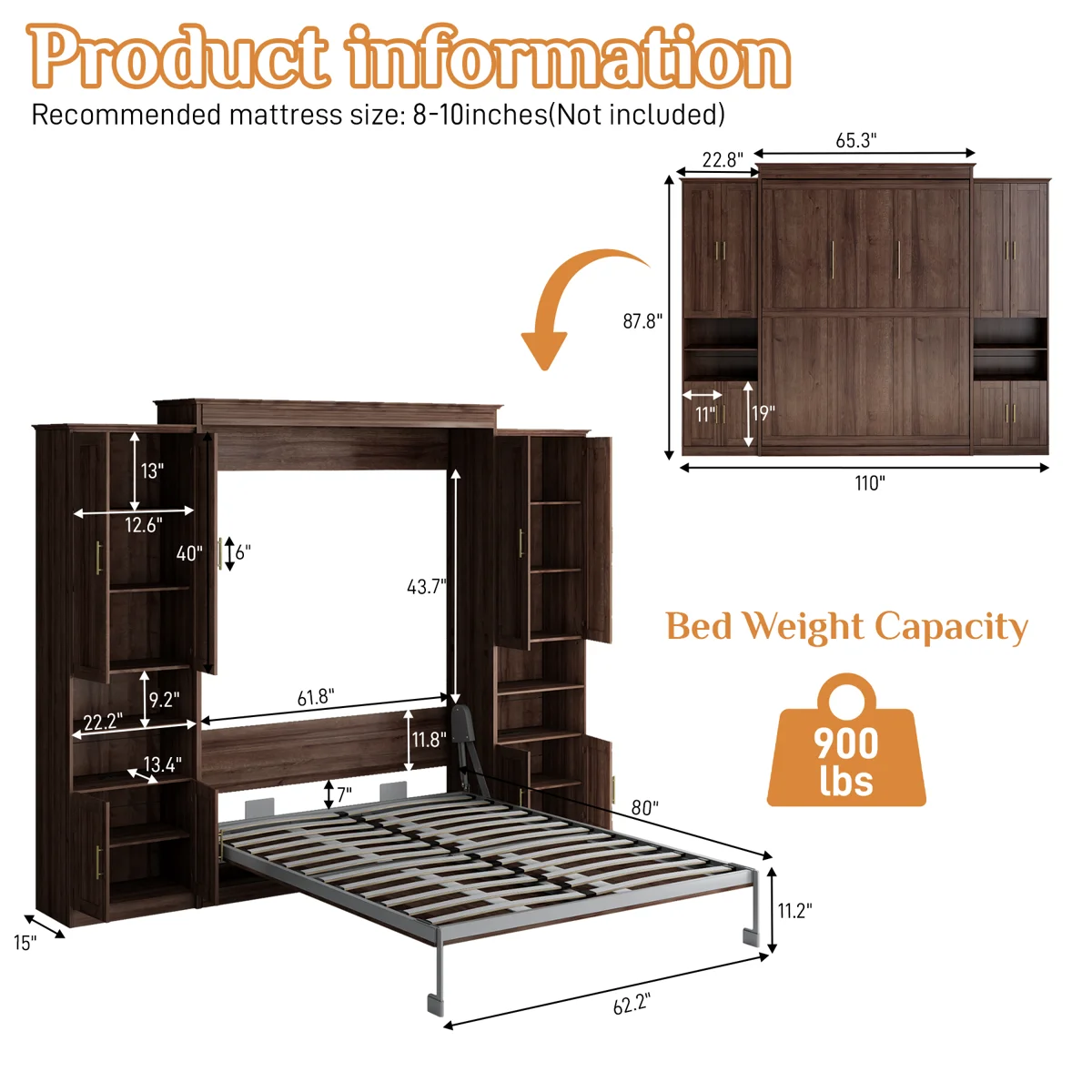 Murphy Bed With Storage Cabinet Shelves, Queen Wall Bed And USB Port - Image 7