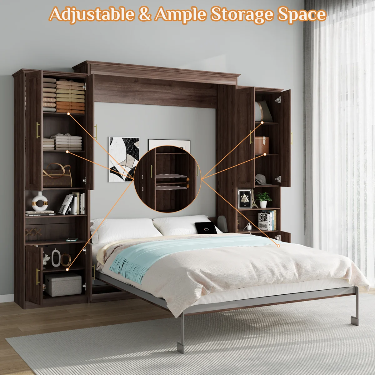 Murphy Bed With Storage Cabinet Shelves, Queen Wall Bed And USB Port - Image 4